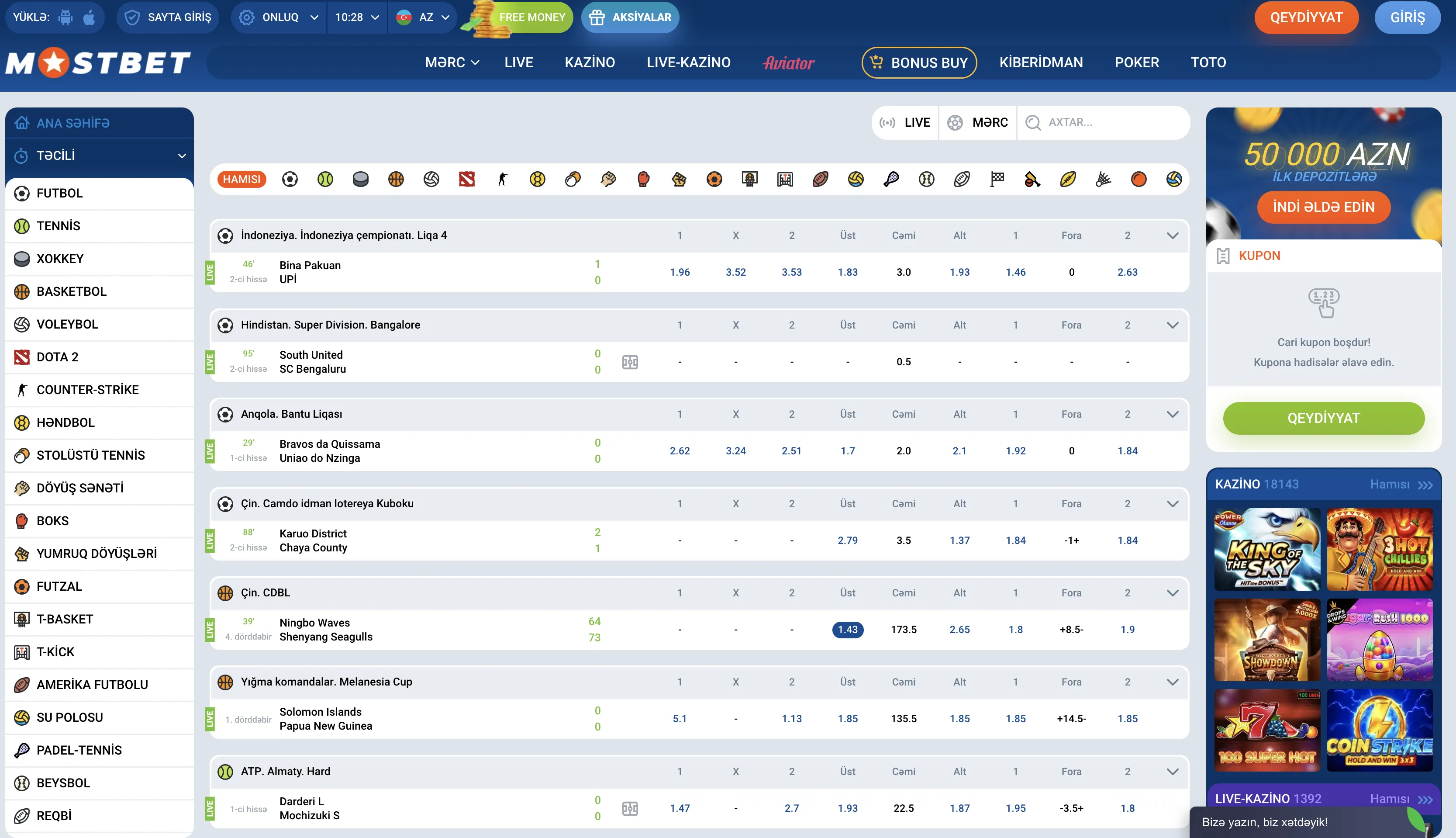 Mostbet-də mövcud olan idman mərcləri